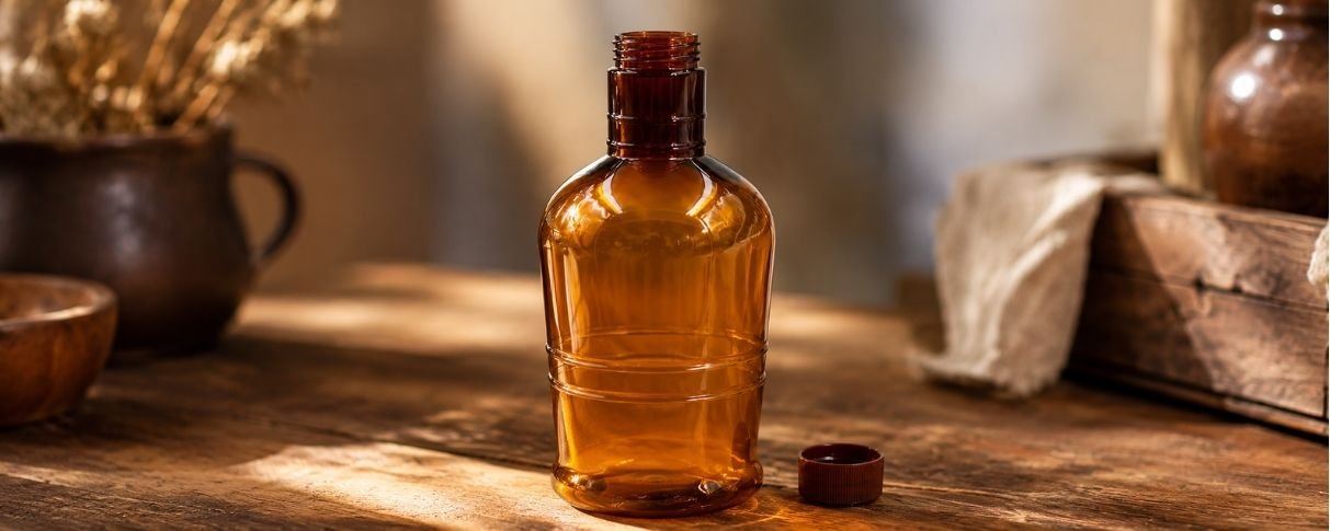 Botella de vidrio ámbar utilizada por Macerados Tierra Andina